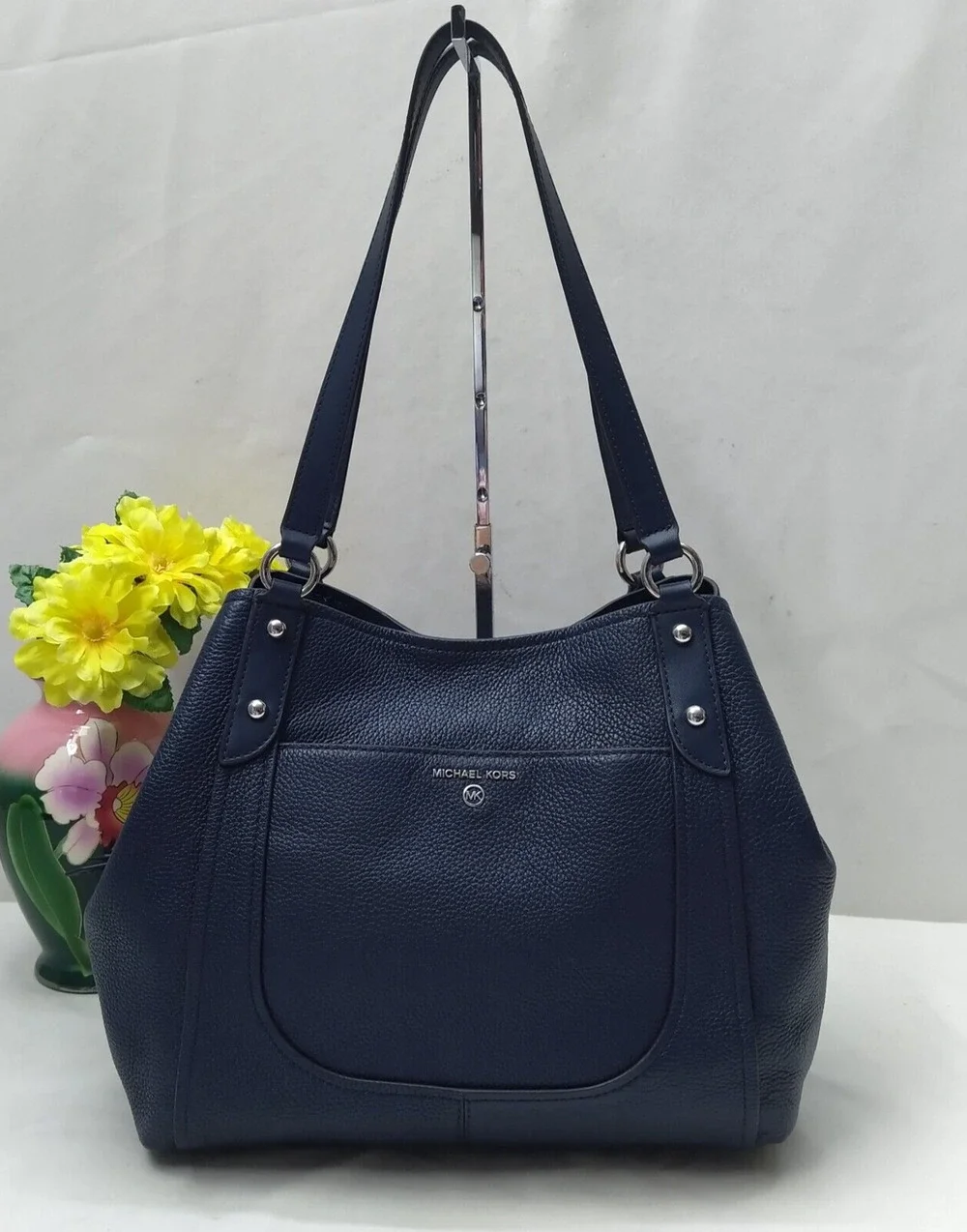 Michael Kors Molly Blue Pebbled Leather 3 Compartments Shoulder Bag